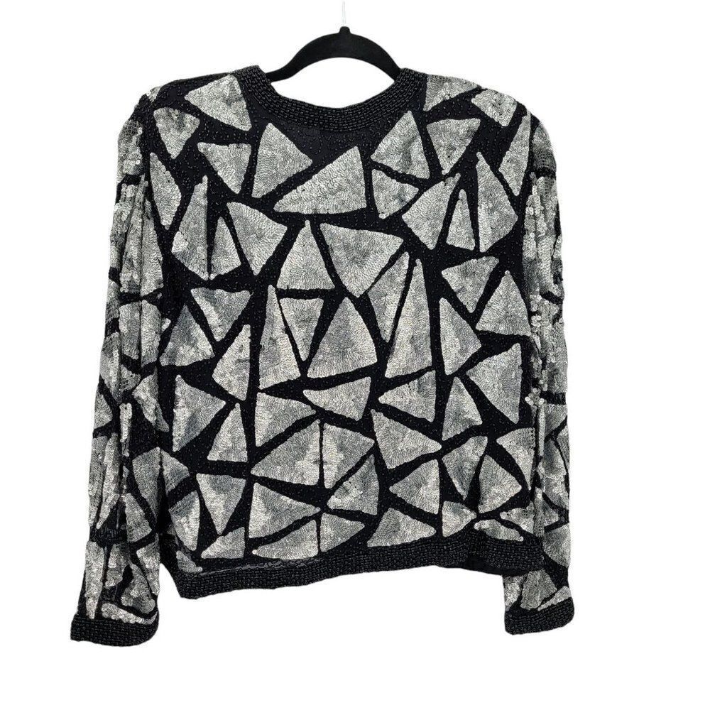 Vtg 80's Sweelo Silk Geometric Black Silver‎ Metallic Sequin Beaded Blazer Sz M